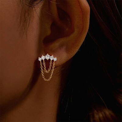 Moon 925 Sterling Silver Micro Pave Clear Cubic Zirconia Cartilage Earrings with Tassel Chains
