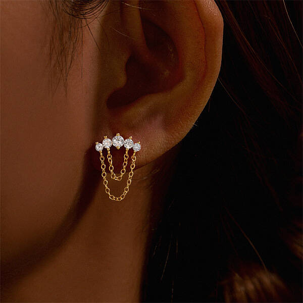 Moon 925 Sterling Silver Micro Pave Clear Cubic Zirconia Cartilage Earrings with Tassel Chains