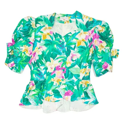 CLAUDE BERT Womens Puff Sleeve Blouse Green V-Neck Floral S
