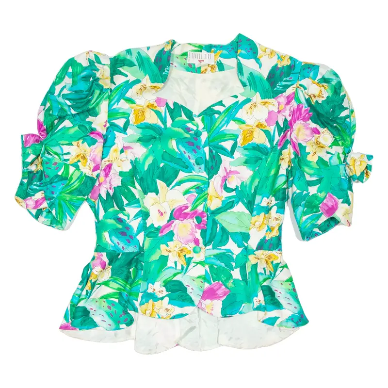 CLAUDE BERT Womens Puff Sleeve Blouse Green V-Neck Floral S