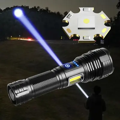 High Power Rugged Flashlight, 1 Count Rechargeable Zoom Flashlight, Portable Outdoor Torch Light with Side Lights for Fishing...