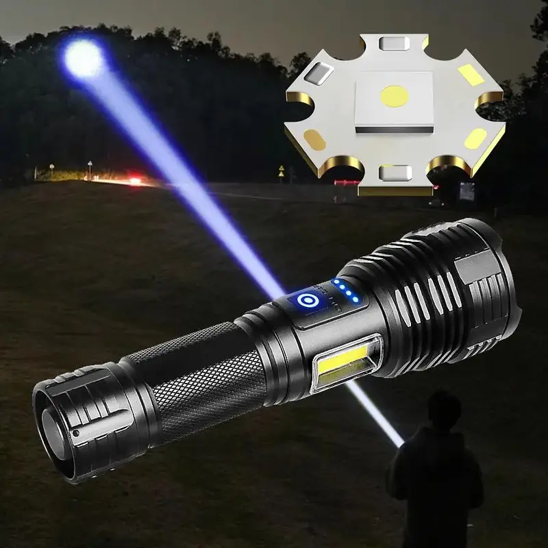 High Power Rugged Flashlight, 1 Count Rechargeable Zoom Flashlight, Portable Outdoor Torch Light with Side Lights for Fishing...