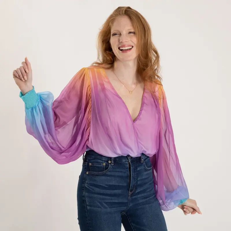 Ombre Plunge Billowy Long Sleeve Bodysuit - M