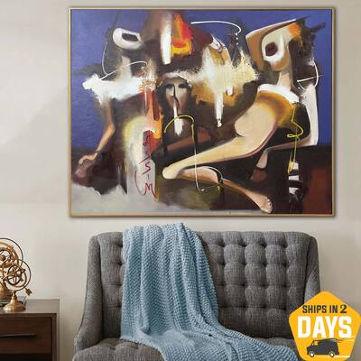 Original Abstract Colorful Figurative Paintings On Canvas In Purple And Beige Colors Textured Art | NIGHT SPIRITS 47.2"x...