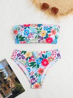 Two-piece Set Women's Floral Print Padded Bandeau Bikini Top & High Cut Swim Panty Bikini Set, Strapless Wireless Swim Bra & ...