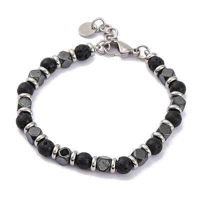 Natural Lava Rock & Magnetic Synthetic Hematite Round Beaded Bracelet