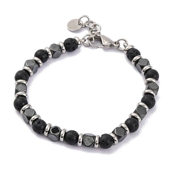 Natural Lava Rock & Magnetic Synthetic Hematite Round Beaded Bracelet