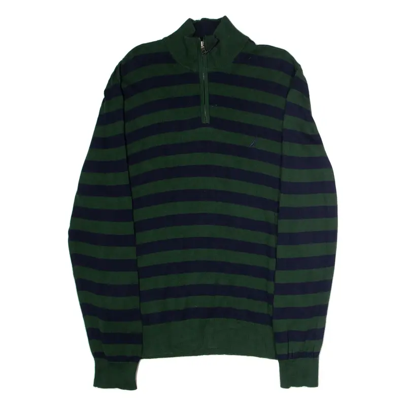 NAUTICA Mens Patterned Jumper Green Striped 1/4 Zip Tight Knit L