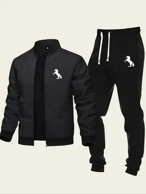 Men's Regular Fit Horse Print Zip Up Jacket & Drawstring Waist Sweatpants Two-piece Set, Casual Fashion Cozy Two Piece Outfit...