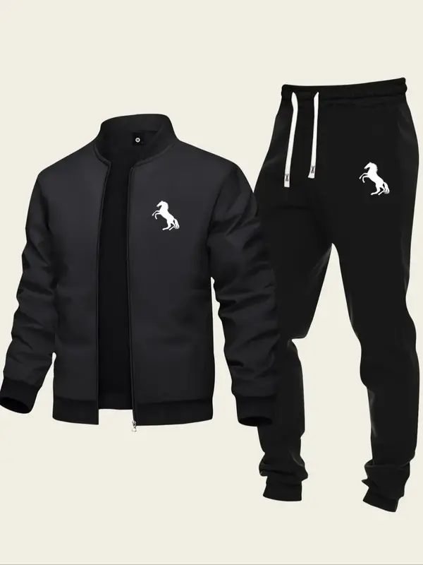 Men's Regular Fit Horse Print Zip Up Jacket & Drawstring Waist Sweatpants Two-piece Set, Casual Fashion Cozy Two Piece Outfit...