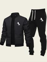 Men's Regular Fit Horse Print Zip Up Jacket & Drawstring Waist Sweatpants Two-piece Set, Casual Fashion Cozy Two Piece Outfit...