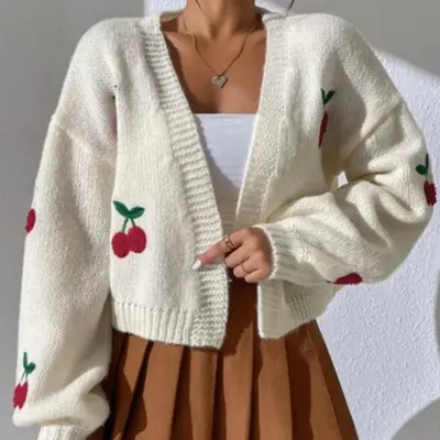 Embroidered Open Front Women's Graphic Cherry Cardigan Open Front Cable Knit Lantern Sleeve Cropped Cardigan Sweater
