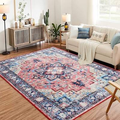 Garvee Boho Vintage Medallion Area Rug - 4x6 Washable Floral Print Rug, Easy-Cleaning, Low-Pile, Non-Shedding, Non-Slip Soft ...