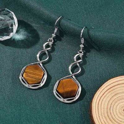 Hexagon Natural Tiger Eye Dangle Earrings
