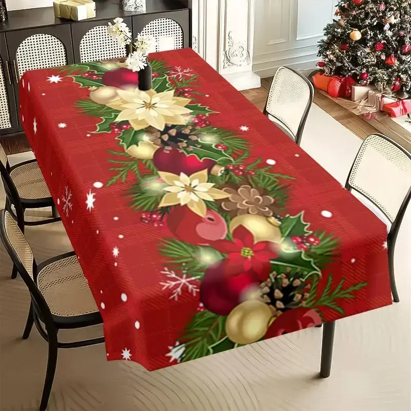 1pc Christmas Themed Bell, Bow and Red Flower Printed Rectangular Tablecloth, Waterproof Tablecloth, Kitchen Table Accessorie...