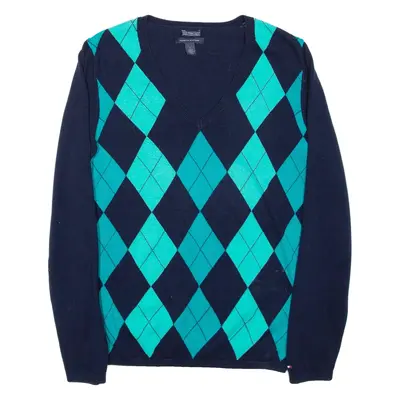 TOMMY HILFIGER Womens Patterned Jumper Blue Argyle V-Neck Tight Knit M