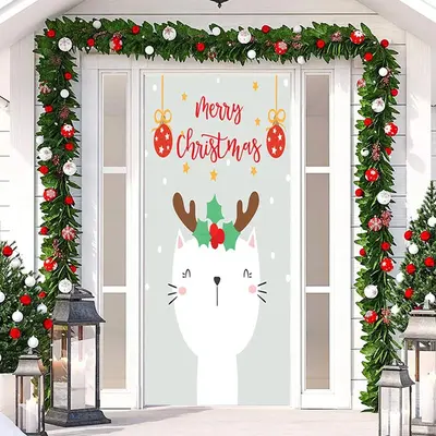 White Cute Cat Merry Simple Christmas Door Cover - Aperturee