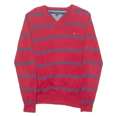 TOMMY HILFIGER Mens Jumper Red Striped V-Neck Tight Knit M