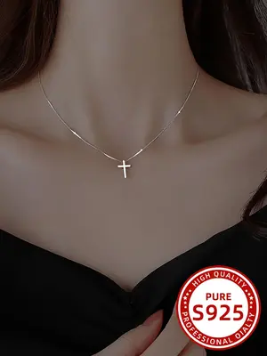 925 Sterling Silver Simple Cross Design Pendant Necklace for Women, Minimalist Necklace for Daily Wear, Trendy All-match & Ex...