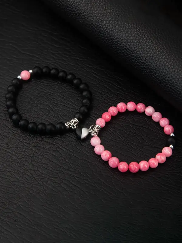Magnetic Heart Charm Beaded Bracelet, Fashionable Couple Bracelet for Women & Men, Trendy All-match & Exquisite Jewelry for B...