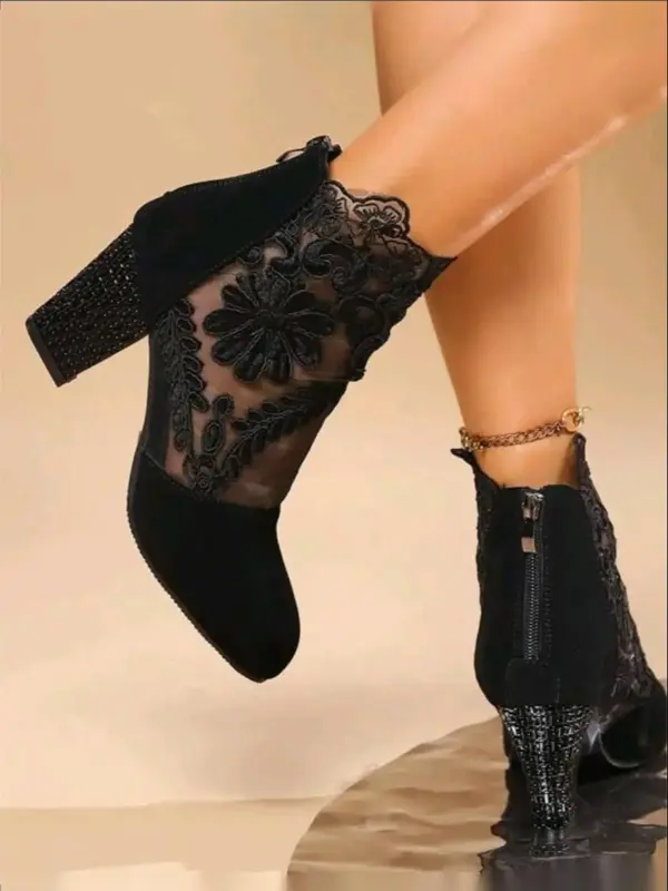 Women's Fashion Flower Embroidered Lacy Design Contrast Lace Ankle Boots, Pointed Toe Heeled Elegant Boots for Fall 2024 for ...