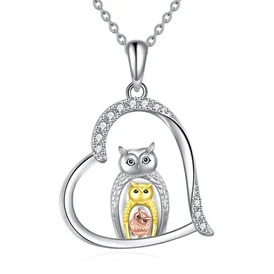 Sterling Silver Tri-tone Cubic Zirconia Owl & Heart Pendant Necklace