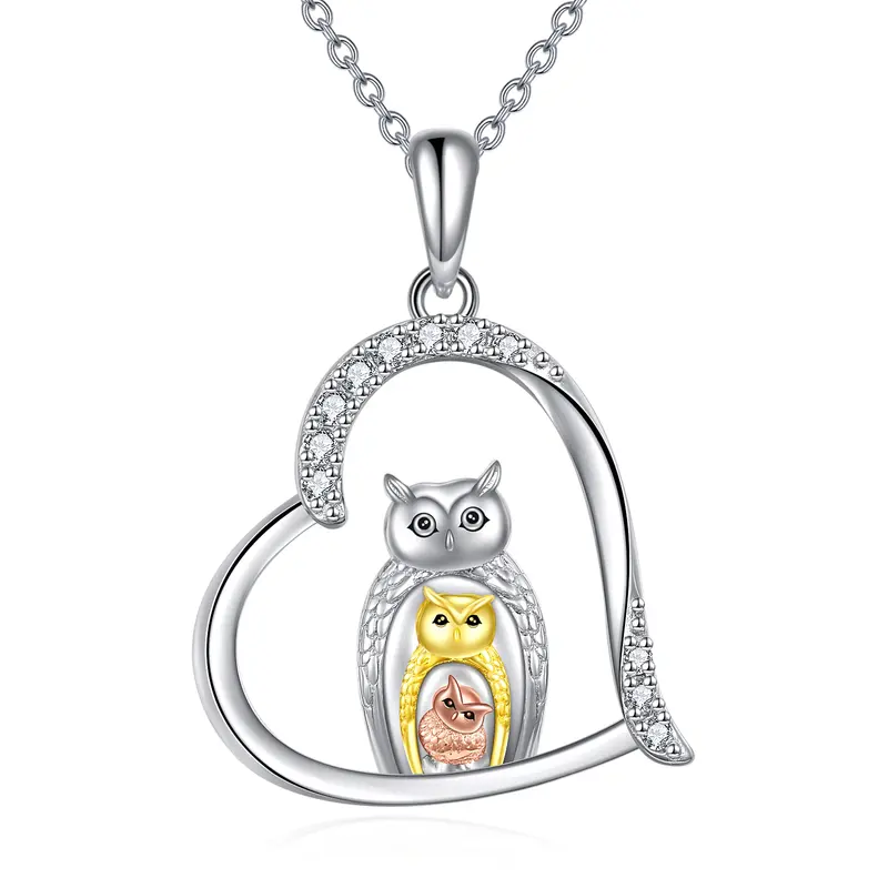 Sterling Silver Tri-tone Cubic Zirconia Owl & Heart Pendant Necklace