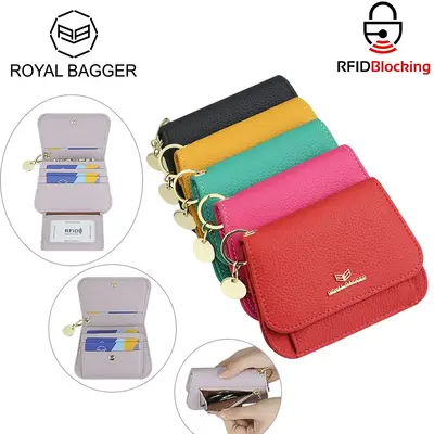 Royal Bagger RFID Short Wallets for Women Genuine Cow Leather Fashion Card Holder with Key Ring Holders Clutch Slim Coin Purs...