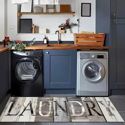 Laundry Room Letter Pattern Floor Mat, Non-slip Wood Grain Floor Carpet, Decorative Area Rug for Home Kitchen Laundry Room