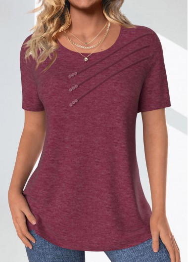 Modlily Dark Reddish Purple Button Short Sleeve T Shirt - M
