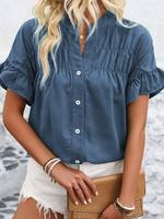 Women's Plain Flap Detail Shirt, Casual Short Sleeve Button Up Top for Summer, Ladies Clothes for Daily Wear