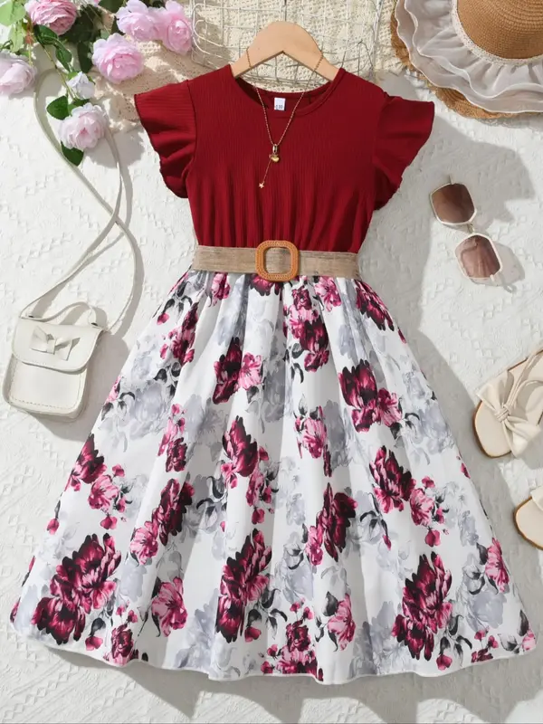 Girl's Floral Print Belted Sweater Dress, Casual Fashion Midi Dress for Daily Outdoor Wear, Girls Dress for Summer