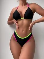 LGBTQ+ Women's Contrast Binding Bikinis Set with Removable Pads, Halter Neck Swim Bra & High Cut Swim Bottom, Ladies Swimwea...