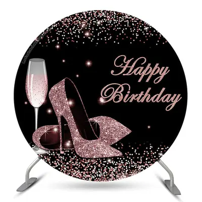 Aperturee Pink Glitter Heels Round Black Birthday Backdrop
