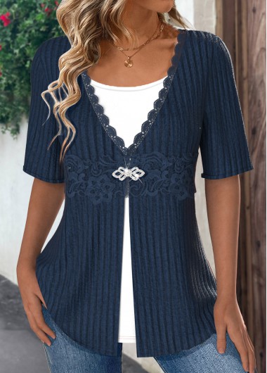 Modlily Navy Patchwork Short Sleeve Fake Two Piece Twinset - XL