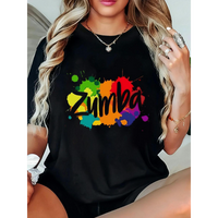 [Summer Fun] Women'S Zumba Graphic Tee - Casual Loose Fit Summer T-Shirt with Bold Colorful Print, Black, Machine Washable, R...