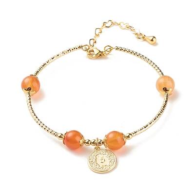 Brass Coin Charm Bracelet with Natural Red Aventurine