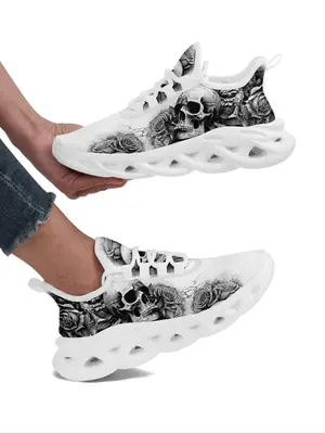 Women's Fashionable Skull & Floral Print Lace Up Low Top Sneakers, Casual Comfortable Blade Soles Sports Shoes, All-match Rou...