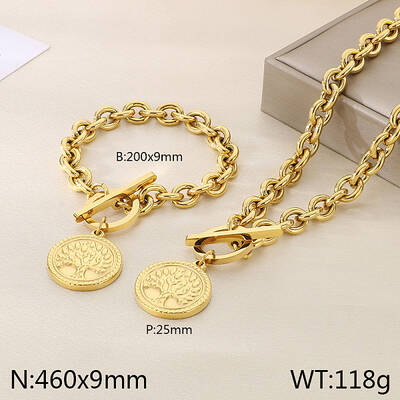 Flat Round with Tree of Life 304 Stainless Steel Pendant Necklaces & Charm Bracelets Sets