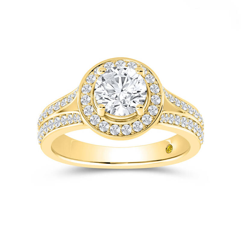 Gleam Split Shank Halo Round Lab Grown Diamond Engagement Ring | 18K Yellow Gold 2 CT. TW.