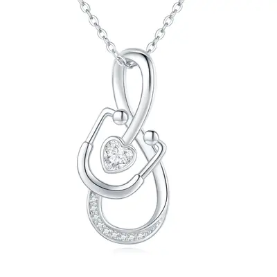 Sterling Silver Cubic Zirconia Heart & Stethoscope Pendant Necklace