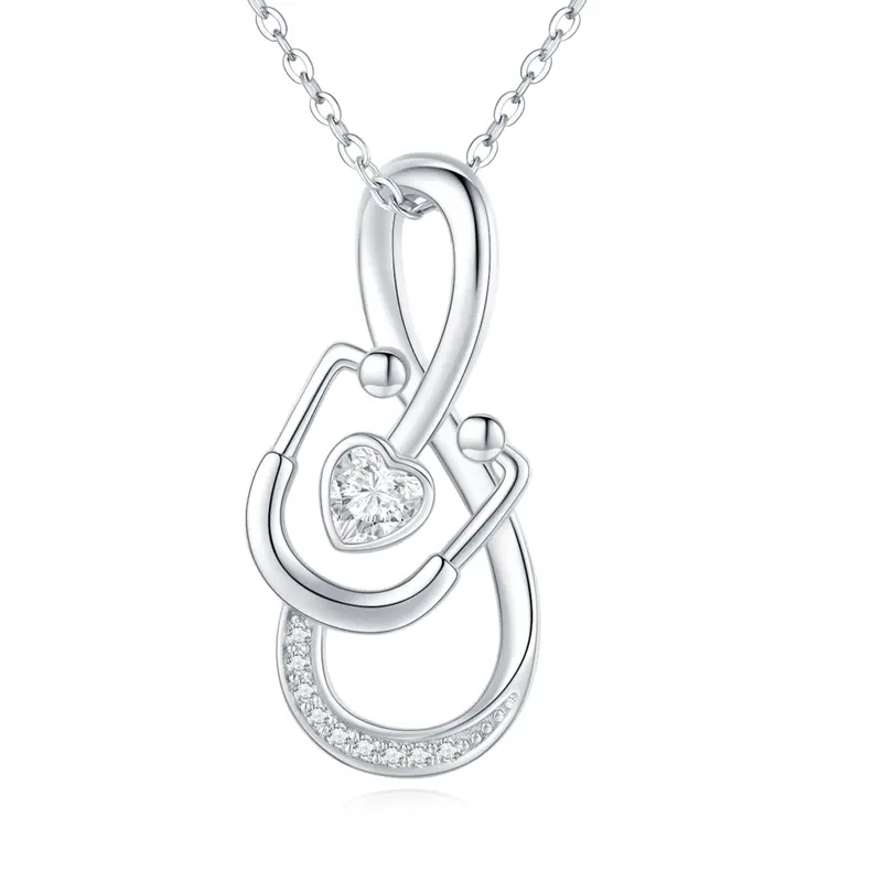 Sterling Silver Cubic Zirconia Heart & Stethoscope Pendant Necklace