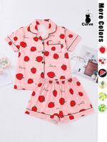 【Plus Size】 Two-Piece Set Fruits Print Lapel Neck Button Front Pocket Shirt & Shorts Pyjama, Casual Cute Comfy Short Slee...