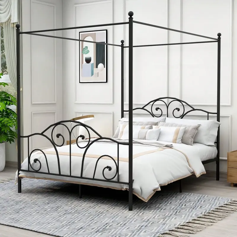 Four-Poster Metal Canopy Bed Frame With Headboard And Footboard Sturdy Slatted Structure No Box Spring Needed