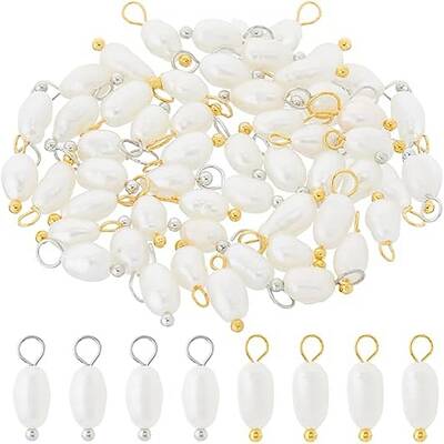 60Pcs 2 Colors Natural Cultured Freshwater Pearl Round Charms with Brass Loops