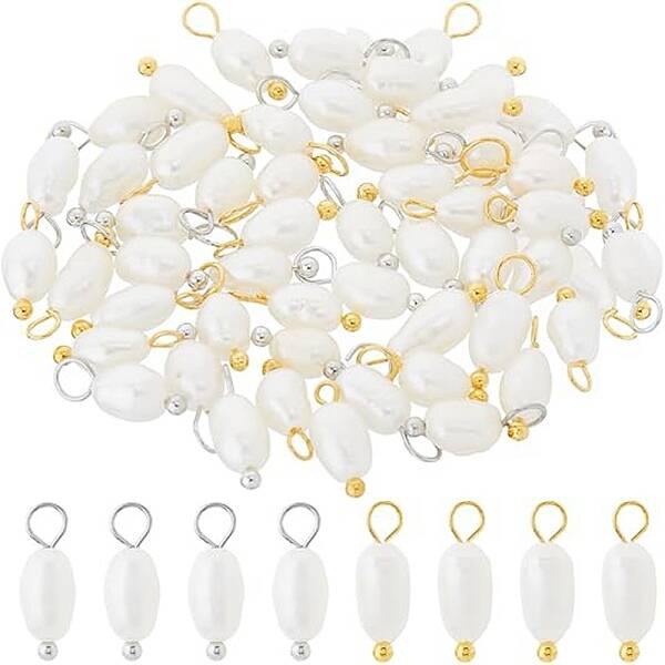 60Pcs 2 Colors Natural Cultured Freshwater Pearl Round Charms with Brass Loops
