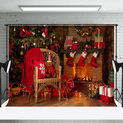 Aperturee Warm Fireplace Chair Greenery Christmas Backdrop - Aperturee