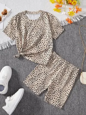Two-Piece Set Girl's Leopard Print Tee & Pants Set, Casual Round Neck Short Sleeve T-shirt & Trousers, Kids Summer Clothes fo...