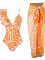 Women's All Over Print Ruffle Trim Removable Pads One-Piece Swimsuit & Knot Front Cover Up Skirt Set, Casual Fashion Chic Bac...