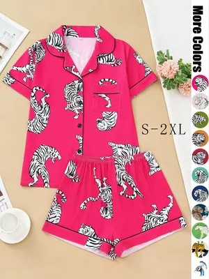 Women's Tiger Print Pocket Pyjama Set, Soft Lapel Collar Short Sleeve Top & Shorts PJ Set, Women's Sleepwear, Summer Outfits ...